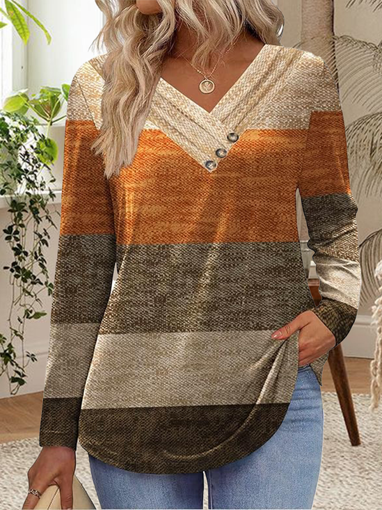 Casual Striped V Neck Long Sleeve T-shirt