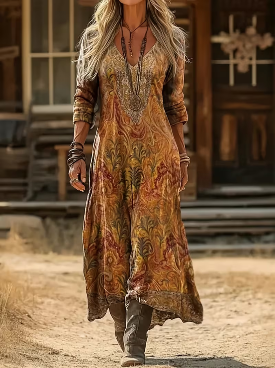 Women Abstract Spring/Fall Printing Dress V Neck Long Sleeve H-Line Dress