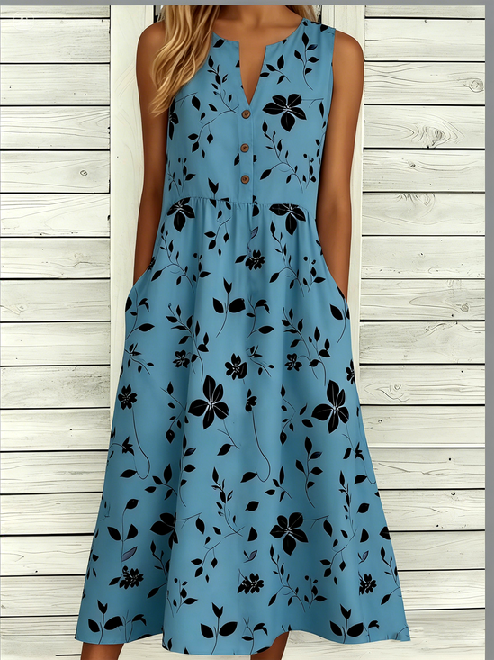 Women Botanical Pattern Summer Buckle Dress Notched Sleeveless Tank A-Line Dress