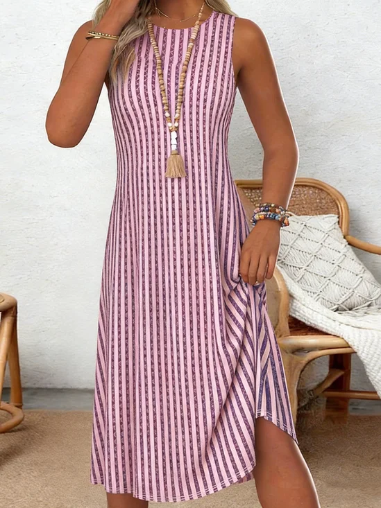 Women Striped Summer Dress Crew
                                    Neck Sleeveless Tank A-Line Dress