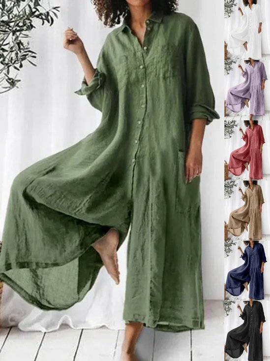 Women Plain Shawl Collar Long Sleeve Casual Spring/Fall Cotton-Blend Jumpsuit