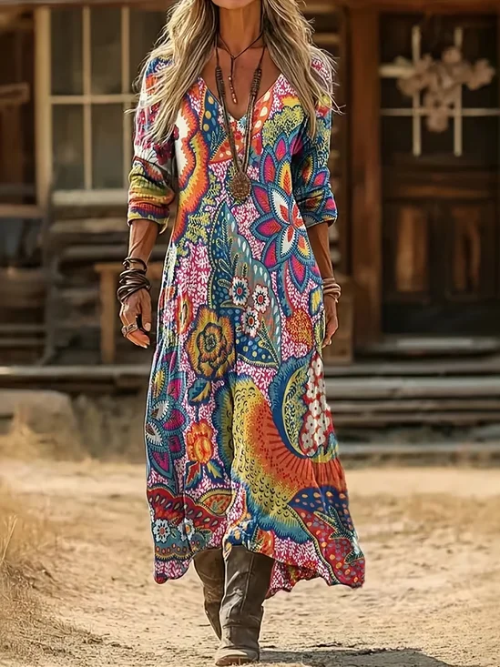 Women Floral Spring/Fall Printing Dress V Neck Long Sleeve H-Line Dress