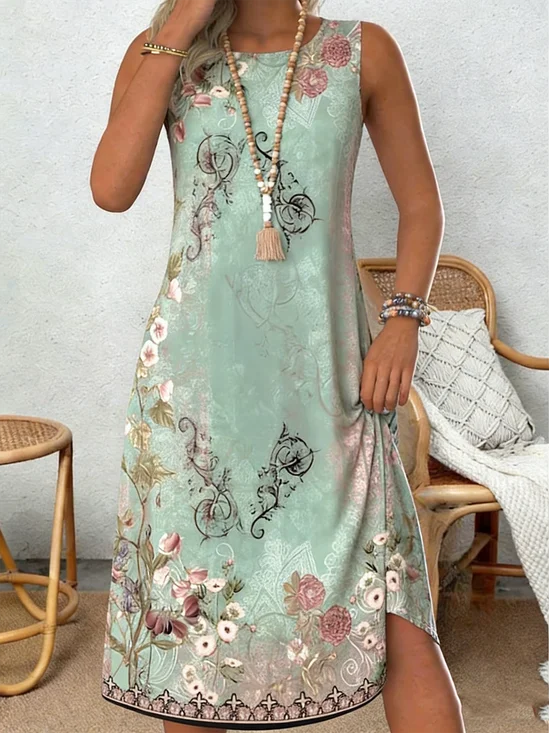 Women Geometric Summer Dress
                                    Crew Neck Sleeveless Tank A-Line
                                    Dress