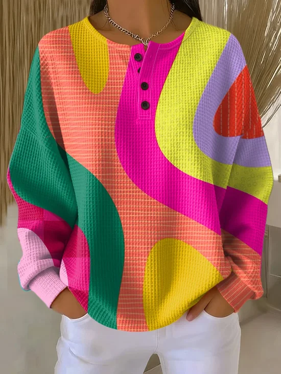 Casual Crew Neck Multicolor Block Sweatshirt Printing