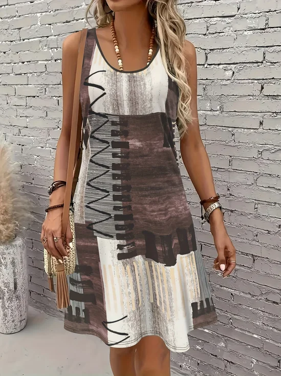 Women Geometric Summer Dress Crew Neck Sleeveless Tank A-Line Dress