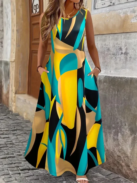Women Geometric Summer Dress Crew Neck Sleeveless Tank A-Line Dress