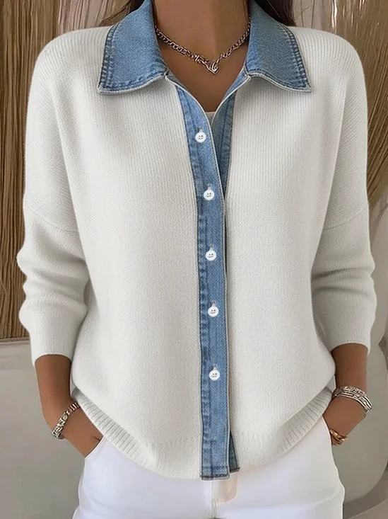 Women Knitted Multicolor Block Long Sleeve Comfy Casual Cardigan