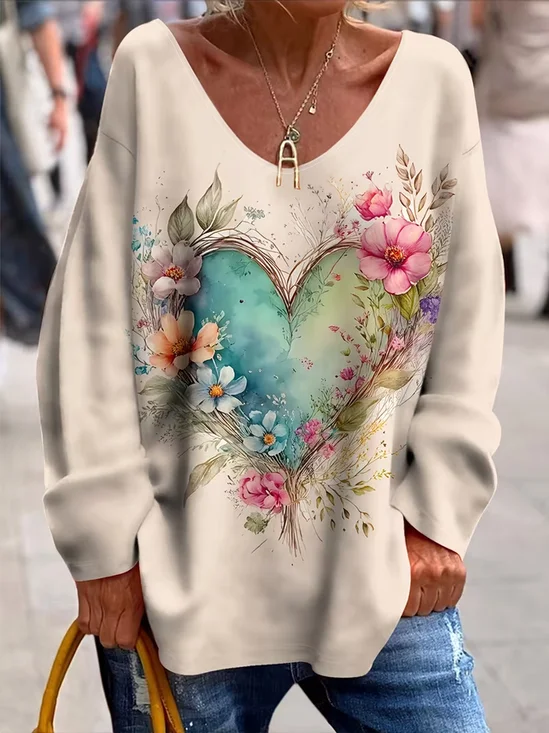 Casual Floral V Neck Long Sleeve T-shirt