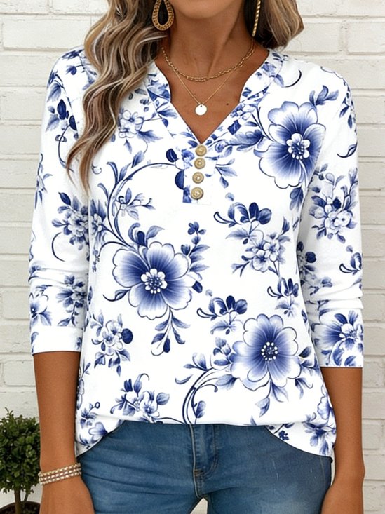 Casual Floral V Neck Long Sleeve T-shirt