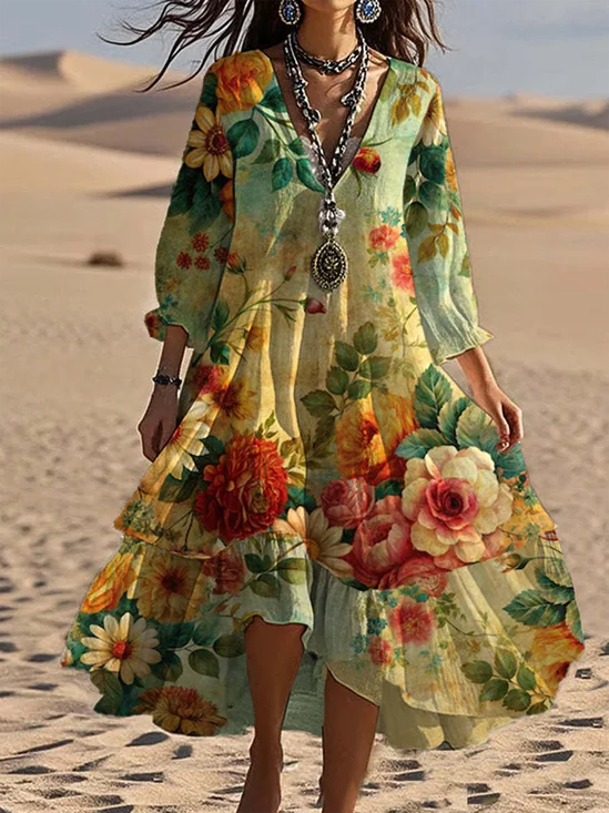 Women Floral Summer Dress Half Sleeve A-Line Dress