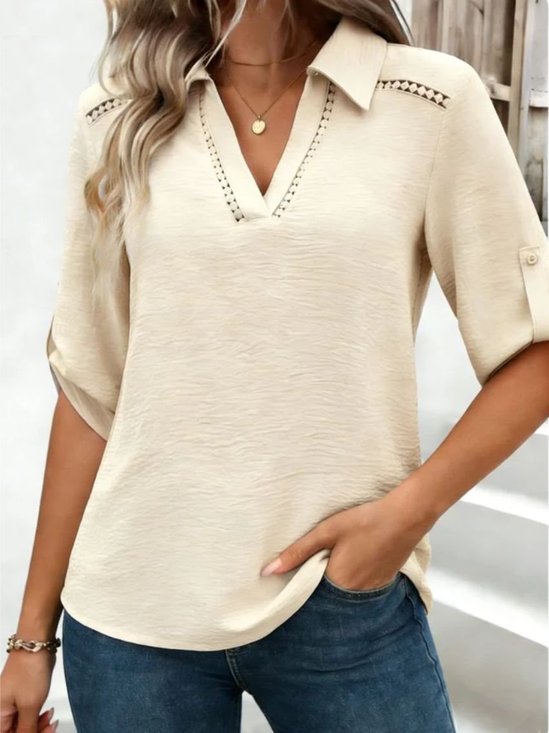 V Neck Half Sleeve Plain Regular Micro-Elasticity Regular Fit Blouse For Women