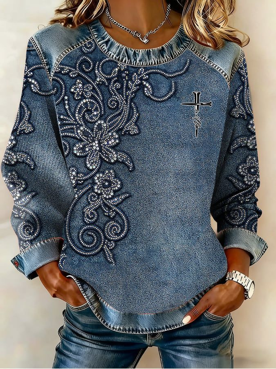 Vintage Crew Neck Cross Sweatshirt Printing