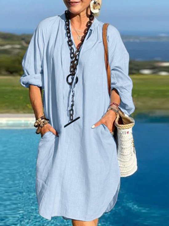 Women Plain Summer Dress V Neck Three Quarter Sleeve H-Line Dress