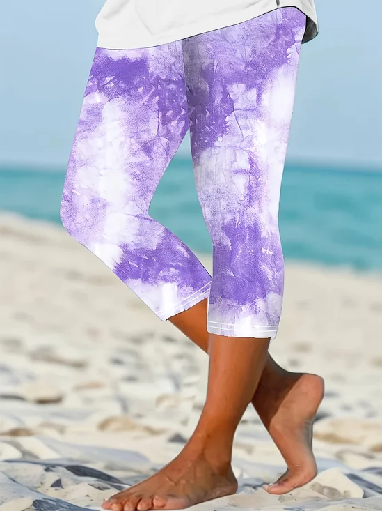 Women Tie-Dye Pattern Capris Elastic Waist Pants Casual Summer Trousers
