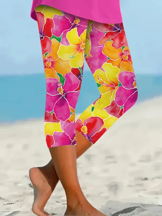 Women Floral Capris Elastic Waist Pants Casual Summer Trousers