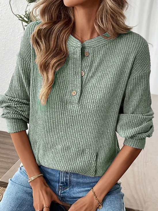 Casual Plain V Neck Long Sleeve T-shirt