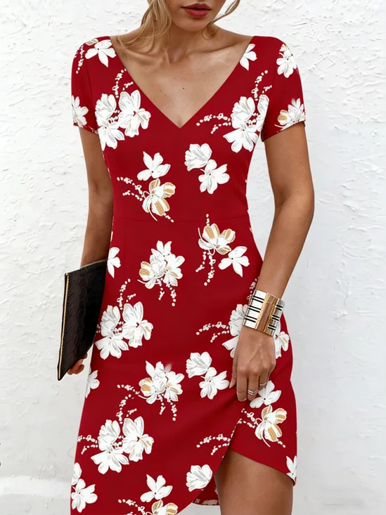 Women Floral Summer Dress V Neck Short Sleeve T-Shirt Dress A-Line Dress