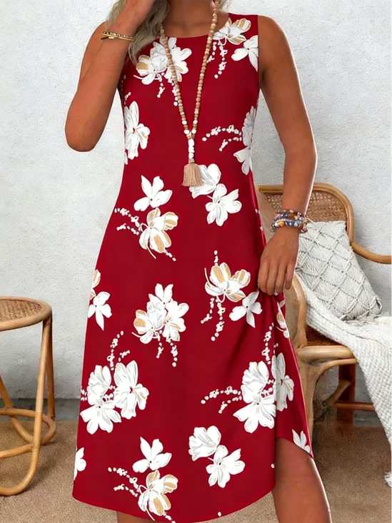 Women Floral Summer Dress Crew Neck Sleeveless Tank A-Line Dress