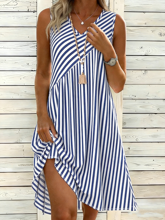 Women Striped Summer Dress V Neck Sleeveless Tank A-Line Dress