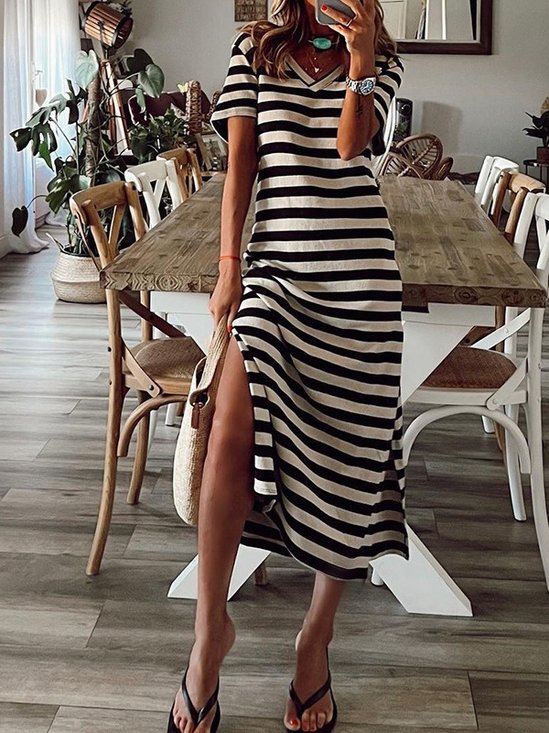 Women Striped Summer Printing Dress V Neck Short Sleeve T-Shirt Dress A-Line Dress