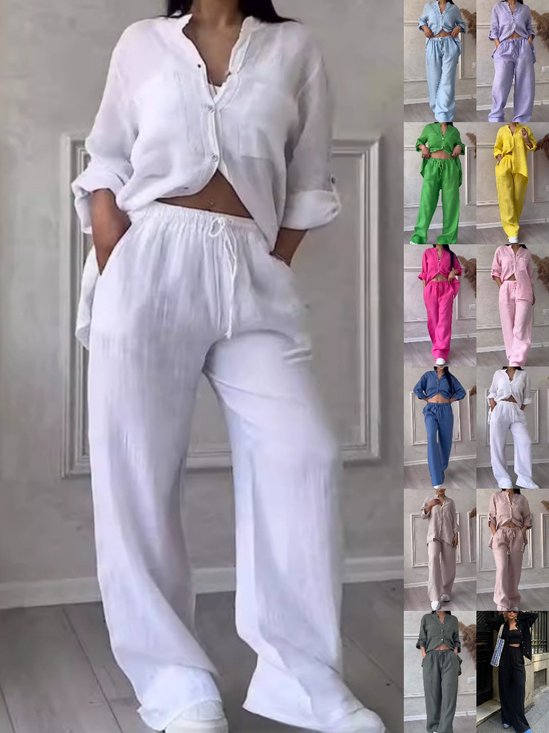 Women Plain Split Joint Two-Piece Set Daily Long Sleeve Casual Spring/Fall Top With Pants Matching Set