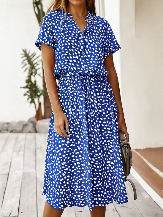 Women Polka Dots Summer Printing Dress V Neck Short Sleeve T-Shirt Dress A-Line Dress