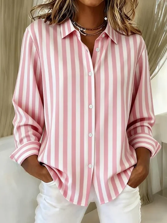 Shirt Collar Regular Sleeve Long Sleeve Striped Buckle Regular Loose Button Up Shirt Shirt For Women