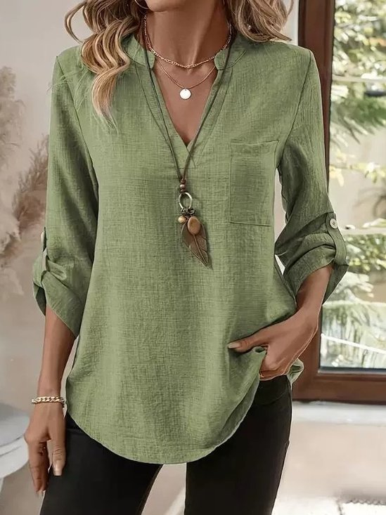 V Neck Three Quarter Sleeve Plain Split Joint Regular Micro-Elasticity Loose Tunic Shirt For Women