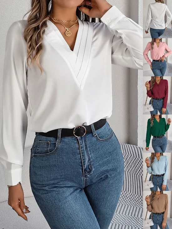 V Neck Long Sleeve Plain Split Joint Regular Micro-Elasticity Loose Tunic Shirt For Women