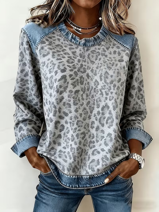 Vintage Crew Neck Leopard Sweatshirt Printing