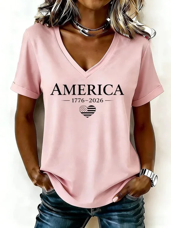 Elegant America 250 Years Anniversary Printing V Neck Short Sleeve T-shirt