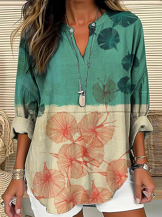 V Neck Long Sleeve Abstract Printing Regular Loose Blouse For Women