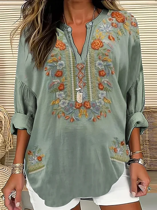 V Neck Long Sleeve Floral Printing Regular Loose Blouse For Women