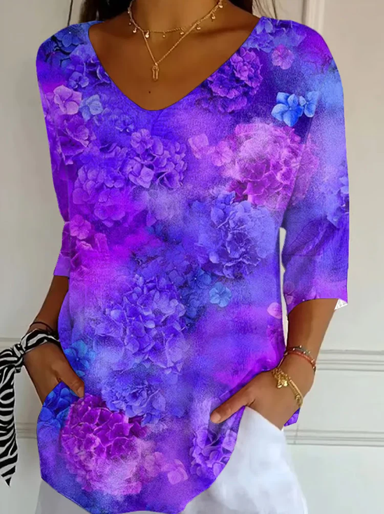 Casual Floral V Neck Three Quarter Sleeve T-shirt