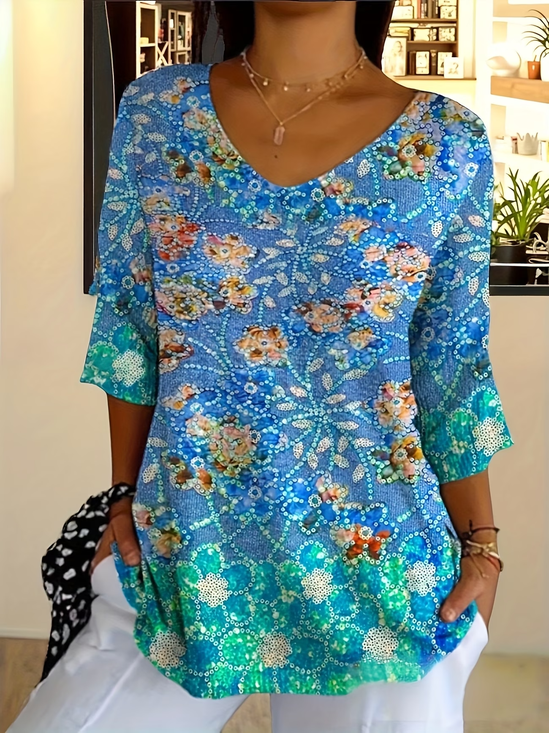 Casual Floral V Neck Three Quarter Sleeve T-shirt