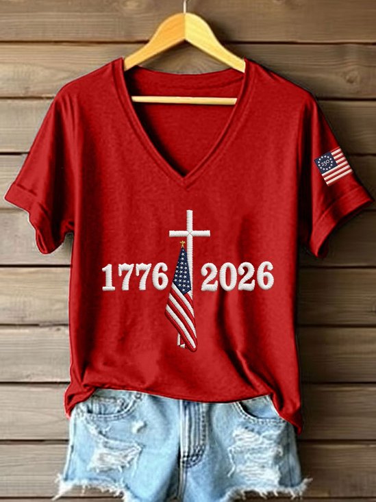 Elegant Letter Pattern V Neck Short Sleeve T-shirt