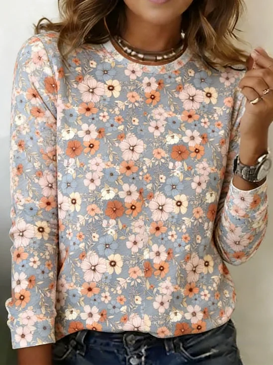 Vintage Floral Crew Neck Long Sleeve T-shirt