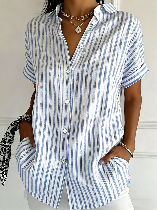 Shawl Collar Short Sleeve Striped Regular Regular Fit Shirt For Women