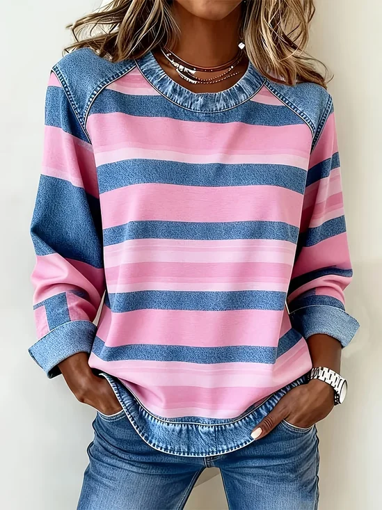 Vintage Crew Neck Abstract Stripes Sweatshirt Printing