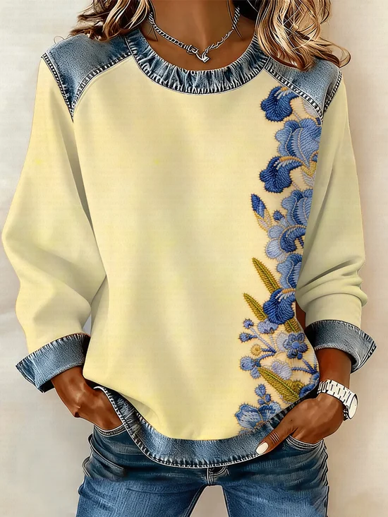 Vintage Crew Neck Floral Sweatshirt Printing