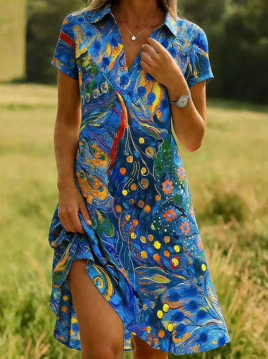 Women Psychedelic Art All Season Dress Shawl Collar Short Sleeve Shirt Dress A-Line Dress