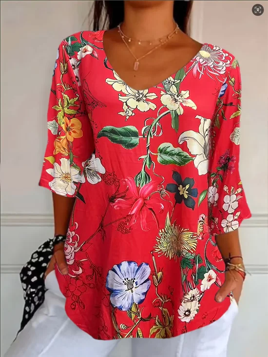 Casual Floral V Neck Three Quarter Sleeve T-shirt