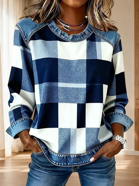 Vintage Crew Neck Abstract Plaid Sweatshirt Printing