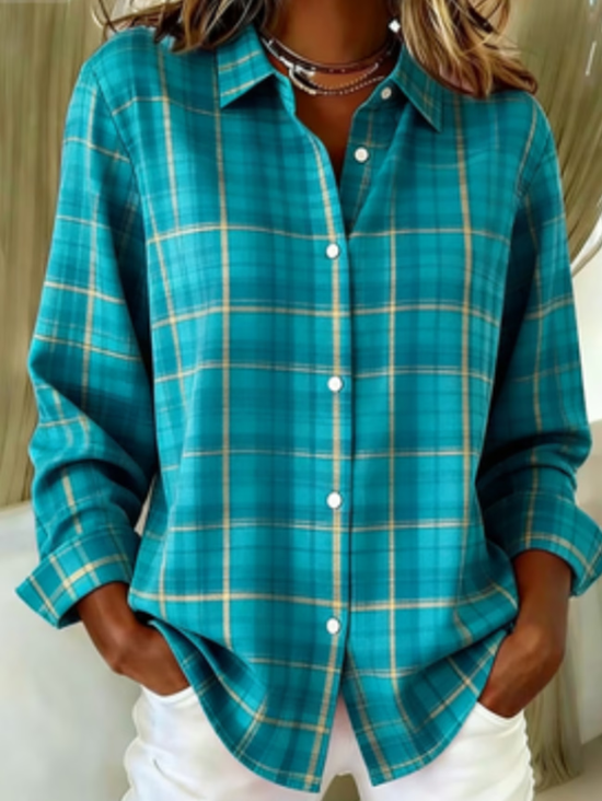 Shirt Collar Regular Sleeve Long Sleeve Plaid Buckle Regular Loose Button Up Shirt Shirt For Women