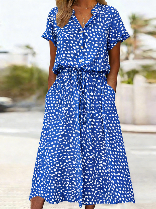 Women Abstract Polka Dots Summer Dress Short Sleeve A-Line Dress