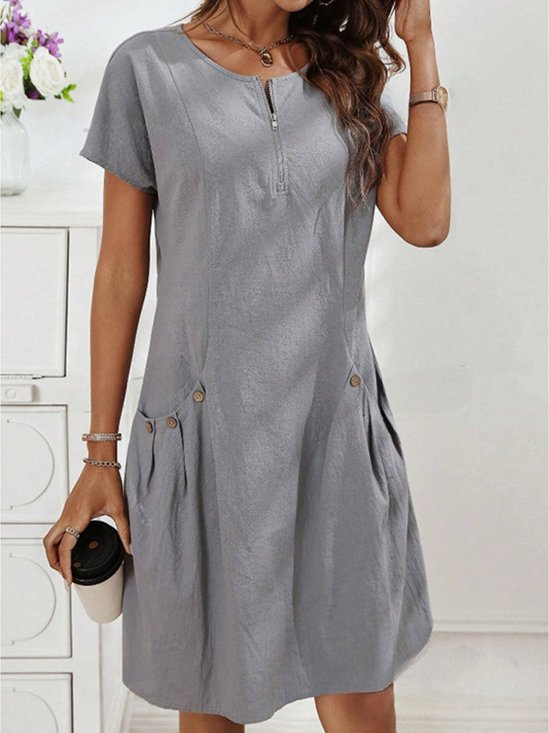 Women Plain Summer Dress Crew Neck Short Sleeve X-Line Dress