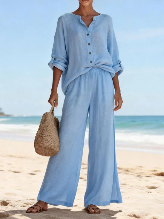 Women Plain Two-Piece Set Daily Long Sleeve Casual Spring/Fall Top With Pants Matching Set