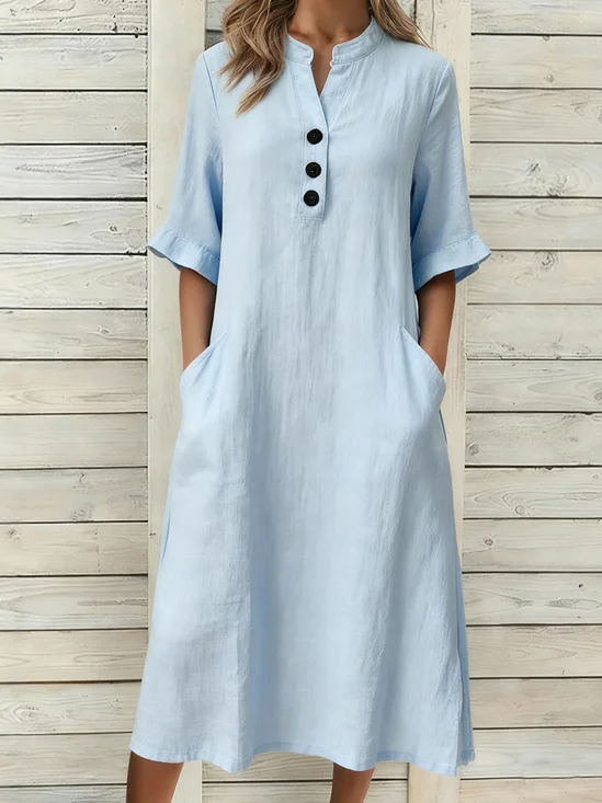 Women Plain Summer Dress Stand
                                    Collar Short Sleeve A-Line Dress