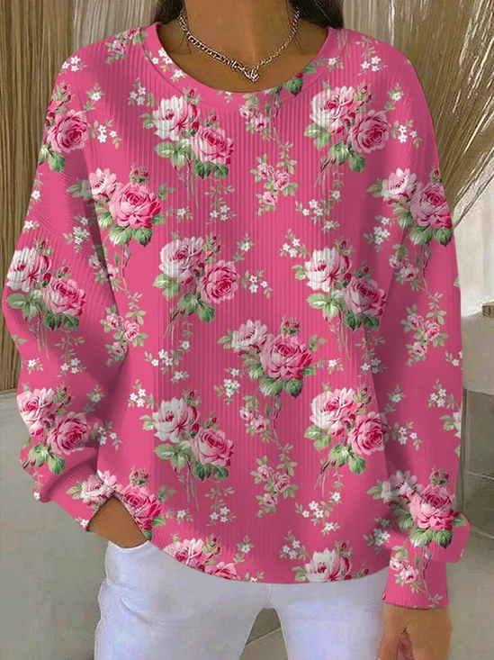 Casual Crew Neck Floral Sweatshirt Printing