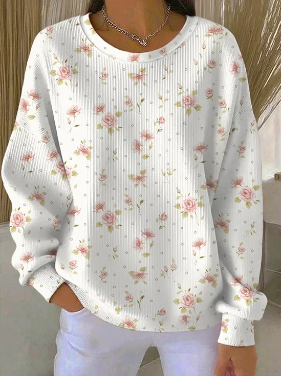 Casual Crew Neck Floral Sweatshirt Printing